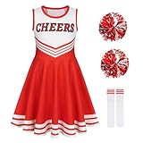 Berich Cheerleader Outfit Kids Dress Up with Pompoms Socks Princess Costumes for Girls Halloween Uniform Outfit Therm Party Clothing Girls Cheerleader Costume Red 8-9 Years,140