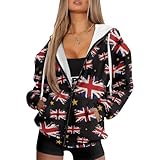 Biyejit Union Jack Womens Hoodies Sweatshirt with Pocket Zipper Hooded Jackets Lightweight Ladies Long Sleeve Sportwear Plus Size XS-4XL