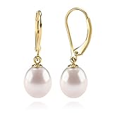 PAVOI 14K Yellow Gold Plated Freshwater Cultured Pearl Earrings Leverback Dangle Studs - Handpicked AAA Quality 9mm