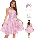 AYYOHON Women Pink Plaid Dress Skirt Hair Bow Daisy Necklace Earrings Set Halloween 2023 Cosplay Costume Suit S