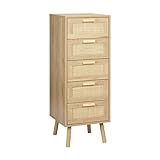 Finnhomy Rattan Chest of Drawers Bedroom, Tall Chester Drawers with 5 Hand Made Rattan Decorated Drawers for Bedroom, Small Bedside Cabinet with Wood Legs, Natural