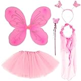 BDSHUNBF 5 Pcs Fairy Wings & Dressing Up Costume for Girls - Butterfly Wings, Tutu, Magic Wand & Headband Set