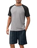 Ekouaer Mens Short Sleeve Pyjamas Set Crew Neck Top Check Bottoms Short Pant PJ Nightwear Loungewear Set PJS for Men uk, Green Plaid, XL