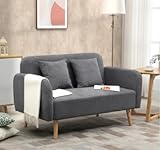 Small Grey Sofa 2 Seater Double Couch Vintage Retro Loveseat Scandinavian Modern Style Compact Fabric Cushions Chair Seat Wooden Frame Legs