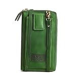 DE LAMASSU Zara Women's Genuine Leather Crossbody Bag - RFID Protection, 33 Card Slots, Smartphone Compartment, Shoulder Strap, Purse with Zip - 21 × 12 × 4.5 cm, Green, 21 × 12 × 4,5 cm