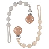 Dummy Clip for Baby Boys and Girls, One Piece Pacifier Clips, Wooden Soother Clips Design, Fits Most Pacifiers and Teething Toys, 2 Pack(Cream+Light Grey)