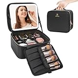 Travel Makeup Bag with LED Mirror-3 Colors Modes, Portable Makeup Organiser with Adjustable Dividers Compartment, Light Up Vanity Case, Makeup Storage for Women with Makeup Accessories