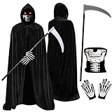 Halloween Costumes , Costume Adult Black Hooded Cloak Cape with Grim Reaper Scythe Skeleton Mask & Skeleton Gloves, Scary Fancy Dress for Women Men Boys Cosplay Outfits