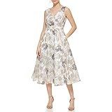 Eliza J Women's Midi Style Floral Organza Sleeveless V-Neck Dress Special Occasion, Ivory Gold, 12