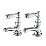 Hapilife Basin Pillar Taps Pair Mixers Victorian Traditional Twin Bathroom Sink Tap White Ceramic Lever Two Cloakroom Tap Chrome 2 Holes Mono Hot and Cold Water G1/2’’