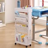 YOTATING Mobile Bookshelf with Wheel, Large Capacity Book Rack Magazine Cart Kids Movable Storage Bookcase with 5 Layers for Home, Classroom, School, Office, Dorm, White