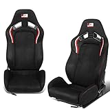J2 Engineering Pair of Universal Red Stitching Alcantara Reclinable Back Rest Racing Bucket Seats for 4 Point Harness, 38'' Hx21'' Wx23'' D, Black/White/Red, J2-RS-003-BK