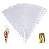 SHOKUTO 100Pcs Cone Bags, 25 x 13cm Clear Cello Treat Bags with Gold Twist Ties, Sweet Transparent Cellophane Bags, Triangle Goody Bag for Party Candy Snacks Chocolates Popcorn Cookies