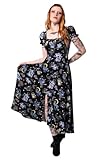 Hell Bunny Moonlit Midi Dress Gothic Celestial Print Puff Sleeve Black, Multicolored, L