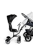 Roma Side Rider Universal Buggy Board with Seat - 4-Wheel Pram Board for Toddlers, Side Buggy Board with Universal Connector for Easy Attachment - Toy Steering Wheel - Hood
