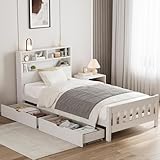 Aptliton Wooden Solid Bed Frame with Drawers, Single White Pine Storage Bed Furniture for Adults, Kids, Teenagers 3ft, 190x90cm, White