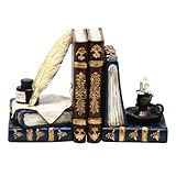Decorative Vintage Bookends Unique Wizard Feather Quill Pen and Ink Bottle with Oil Lamp Antique Style Book Holders Heavy Duty Book Ends for Shelves Cottage Magic Home Decor