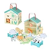 Orange Tree Toys Wooden Zoo Animals Play Set with Portable House, Educational Toy with 12+ Animal Figures and Zookeeper