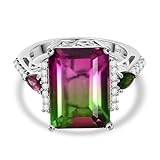 Watermelon Quartz Triplet, Tourmaline & White Zircon Ring – 8.81 Ct Emerald Cut in Rhodium Plated Sterling Silver – Multigemstone Statement Cocktail Ring for Women – Size O
