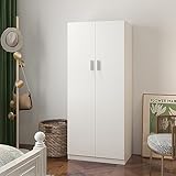 Wooden 2 Door Wardrobe with Shelf and Hanging Rail Modern Clothes Storage Cupboards Unit for Bedroom Furniture W 72 x D 49 x H 169 cm (White)