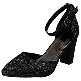 Anne Michelle Ladies Block Heel Glitter Court Shoes - Black Textile - UK Size 5 - EU Size 38 - US Size 7