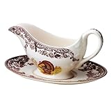 Spode Turkey Collection Sauce Boat with Stand - 11 oz Fine Porcelain Gravy Server with Holiday Turkey Design, Dishwasher, Microwave & Warm Oven Safe - Classic Thanksgiving Tableware
