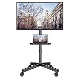 BONTEC Mobile TV Stand on Wheels, Rolling TV Cart with Media Shelf, TV Mount Stand with Tilt, 2-Level Height Adjustable Low-Profile Design for 23–60in LED/LCD/OLED TVs, Holds 25kg, Max VESA 400x400mm