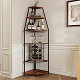 Turosur 5-Tier Corner Wine Rack, Wine Racks Free Standing with Glass Holders and Bottle Wine Storage, Wooden Wine Rack with Storage Shelves, Bar cabinet for Home Kitchen Cellar