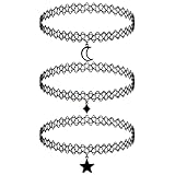 LANAFAY 3pcs Black Choker Necklaces, Stretchy Tattoo Choker Chain with Rhombic Stars and Moon, Gothic Lace Choker Necklace Pendant Jewelry Accessories for Women Teen Girls Party Dress Decorations