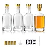 YBCPACK 6oz/200ml Glass Liquor Bottles with T-Top Caps, Heat Shrink Capsules, 4 Pack Empty Wine Bottles for Alcohol, Oil, Clear Vodka Bottle for Party Favors