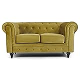 Bravich Velvet Chesterfield Sofa- Gold. 2 Seater Settee, Soft Plush Fabric Couch. Living Room Furniture, Easy Clean. 2 Seater- 160cm x 90cm x 78cm