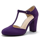 Women's T-Strap Block Chunky Heel Mary Jane Pumps Cut Out Wedding Dress Shoes, Suede Purple, 5 UK