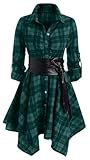 OLIPHEE Women's Shirt Dress Check Tartan Shirt Long Sleeve Blouse Mini Dress Long Top Waist Belt Plaid Shirt Skirt Green XXL