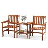 COSTWAY 3 Piece Patio Bistro Set, Wooden Slatted Conservatory Coffee Table Chairs Set with Umbrella Hole, Outdoor Garden Furniture Set for Balcony Poolside Lawn Backyard