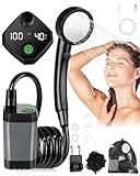 fezori Portable Shower, Camping Shower Pump with Rechargeable 6000mAh Battery and Sinking Bottom Design, Outdoor Shower IPX7 Waterproof with Temperature Display for Camp, Car Washing, Pet Bath (Grey)