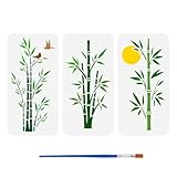 FINGERINSPIRE 3 Pcs Bamboo Drawing Stencil with A Paint Brush 30x15cm Moon Birds Painting Template Chinese Style Bamboo DIY Decoration Stencil for Painting on Wood Wall Fabric Furniture