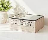 Maison Des Cadeaux Vintage Wooden 5 Compartment Cutlery Utensil Holder Dishware Organiser Box, Window Lid, Easy-Cleanable Drawer (US380)