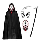 Newthinking Grim Reaper Halloween Costumes, Adult Grim Reaper Costume Black Cape with Scythe Skeleton Mask Gloves for Halloween Cosplay Outfits Party, 4 Pack