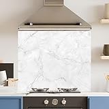 Premium 90 cm x 75 cm White Marble Glass 6mm Kitchen Splashback Heat Resistant Toughened Polished Edges - Back Splash Back Coloured Hob Painted Tempered Splashback
