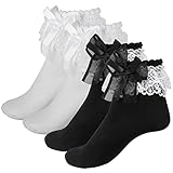 2 Pairs Women's Ruffle Socks, Black White Fairy Lace Trim Ruffled Ankle Ballet Frilly Socks for Women Girls