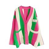 JASCLS Winter Long Sleeve Cable Knitted Color Block Boho Striped Sweater Cardigans Chunky Sweater Cardigans for Women, Rainbow Pink, L