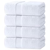 White Classic Luxury Bath Towels Large Pack of 4, Hotel Quality Bathroom Towel Set 137 x 68 cm, White Shower Cotton Towels 4 Pack, Large Thick Plush Bath Towels 700 Gsm For Body, Hair, Pool, White