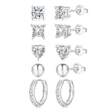 EXGOX Sterling Silver Stud Earrings,925 Silver Earrings for Women Girls Hypoallergenic Silver Hoop Earrings Dainty Ball Heart Stud Earrings Shiny Cubic Zirconia Diamond Stud Earrings Set(5 Pairs)