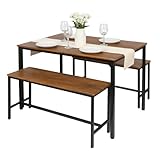 Harbour Housewares 4 Seater Compact Dining Set - Brown & Black Table with 2 Benches - Small Space Saving Kitchen Dining Furniture with Wood Finish & Metal Frame for Modern Homes