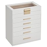 SONGMICS Jewellery Box with Glass Lid, 6-Layer Jewellery Storage Organiser with 5 Drawers, Plenty of Storage, Modern, Gift Idea, 16.3 x 25.1 x 29 cm, Cloud White and Gold Colour JBC171W01