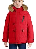 SEAUR Kids Puffer Jacket Boys Winter Coat Cotton Padded Parka Jacket Warm Thick Mid length with Hood Fur 12-13 Years Red