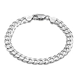 Amberta 925 Sterling Silver Bracelet - 8 mm Thick - Flat Cuban Curb Chain for Men - Length 8 Inch