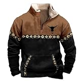 Zanisouta Cowboy Costume Men's Hunting Sweatshirt Loose Fit Winter Jumper Oversized Pullover Deer Printed with 1/4 Button Placket Long Sleeve Vintage Winter Tops Stand-Up Collar Work Jumper, O Brown