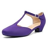 MAIERNISI JESSI Women's T-Strap Low Chunky Heel Mary Jane Pumps Cut Out Wedding Dress Shoes, Purple Suede, 7 UK