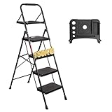 BONTEC 4 Step Ladder Folding, Heavy Duty Foldable Step Stool with Wide Anti-Slip Pedals, Sponge Handrail and Tool Tray, Portable Household Ladder 150kg Capacity, Compact Collapsible Indoor Ladder